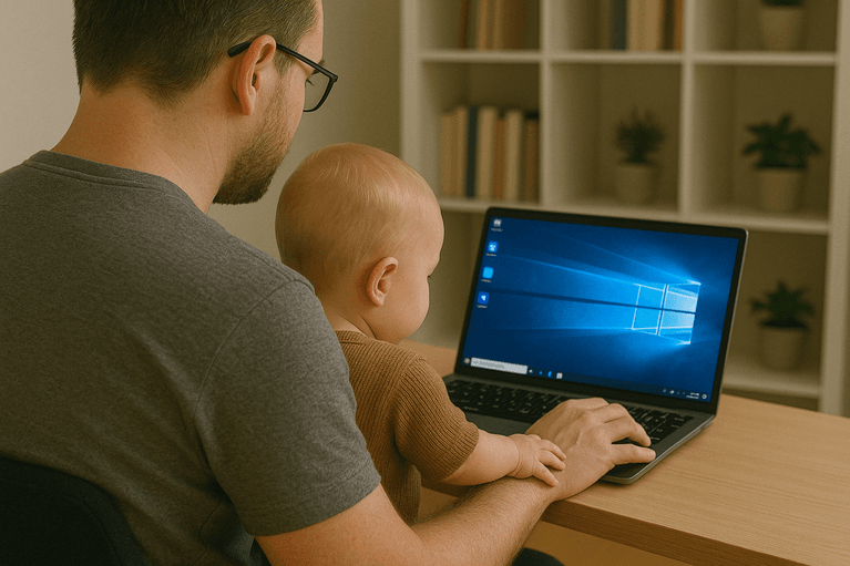 Vater mit Kind auf dem Schoß vor einem Laptop
